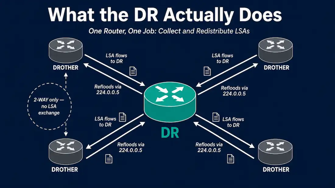 Ospf Designated Router: Role, Election, And A Worked Failure Scenario 1 Diagram Showing The Ospf Designated Router Collecting Lsas From Four Drothers And Reflooding Them Back Out Via Multicast, With Drothers Remaining At 2-Way With Each Other
