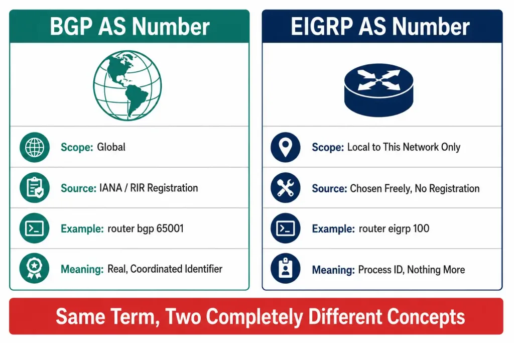Bgp'S Asn Vs Eigrp'S &Quot;As Number&Quot; — Same Name, Different Meaning 3 Comparison Table Showing Bgp'S As Number As A Globally Registered Identifier Versus Eigrp'S As Number As A Locally Chosen Process Id With No Registration Required