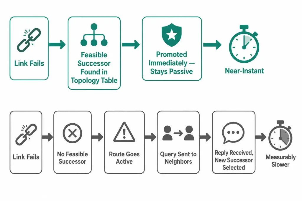 What Is Dual? Eigrp'S Diffusing Update Algorithm 3 Dual Worked Example:- Two-Branch Flowchart Comparing Eigrp Convergence When A Feasible Successor Is Available, Which Promotes Instantly, Versus When None Is Available, Requiring A Slower Query And Reply Process