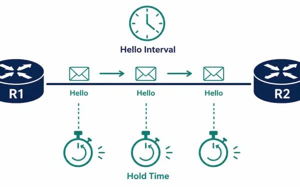 Diagram Showing Periodic Hello Packets Between Two Routers Resetting A Hold Time Countdown