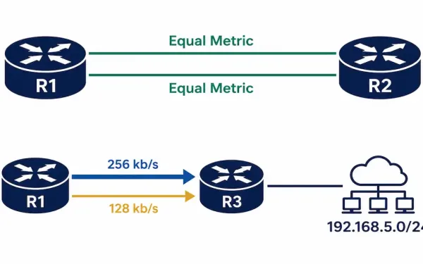 Diagram Showing Equal-Cost Paths Between Two Routers And Unequal-Cost Paths Of Different Speeds Reaching A Shared Destination Network