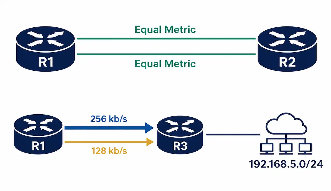How To Configure Eigrp Load Balancing For Ipv4 1 Diagram Showing Equal-Cost Paths Between Two Routers And Unequal-Cost Paths Of Different Speeds Reaching A Shared Destination Network