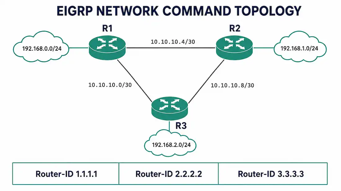 The Eigrp Network Command — Complete Configuration Guide 1 Triangle Topology Diagram Of Three Eigrp Routers R1, R2, And R3 With Point-To-Point Subnets And Lan Connections Labeled