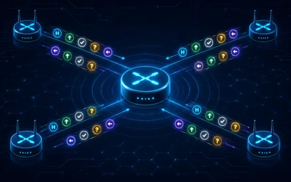 Central Router Icon Surrounded By Four Neighbor Routers Connected By Glowing Lines Carrying Five Color-Coded Eigrp Packet Types — Hello, Update, Acknowledgment, Query, And Reply