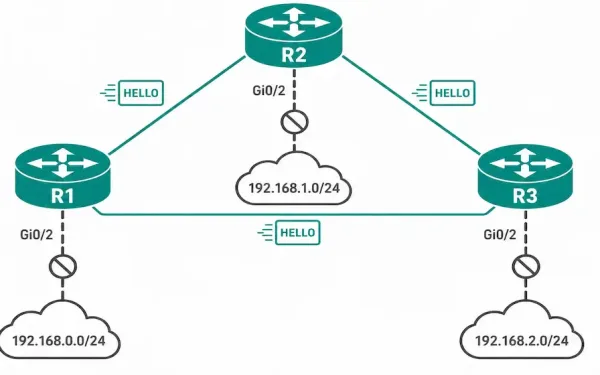 Triangle Topology Of Three Eigrp Routers With Active Point-To-Point Links Between Them And A Muted, Passive Interface Connecting Each To Its Own Lan