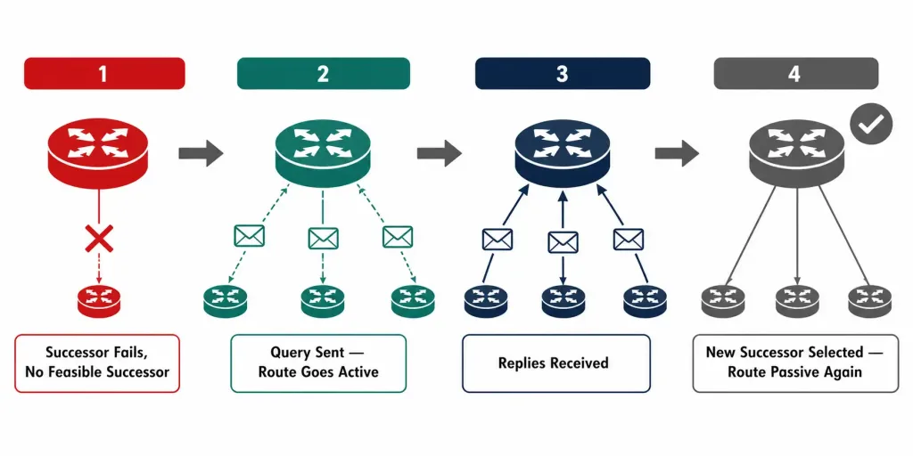 Eigrp Packet Types: Hello, Update, Acknowledgment, Query, And Reply Explained 2 Four-Stage Diagram Showing Eigrp'S Dual Recovery Flow When A Successor Route Fails: Sending Query Packets, Receiving Reply Packets, And Selecting A New Successor