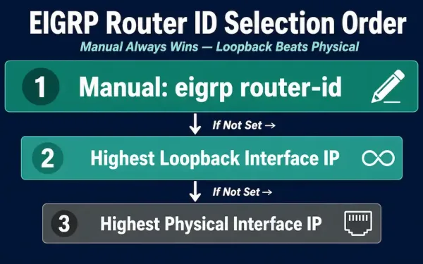 Three-Tier Priority Diagram Showing Eigrp Router Id Selection Order: Manual Configuration First, Then Highest Loopback Interface Ip, Then Highest Physical Interface Ip