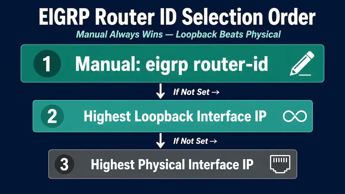 Eigrp Router Id: Selection Rules And Configuration 1 Three-Tier Priority Diagram Showing Eigrp Router Id Selection Order: Manual Configuration First, Then Highest Loopback Interface Ip, Then Highest Physical Interface Ip