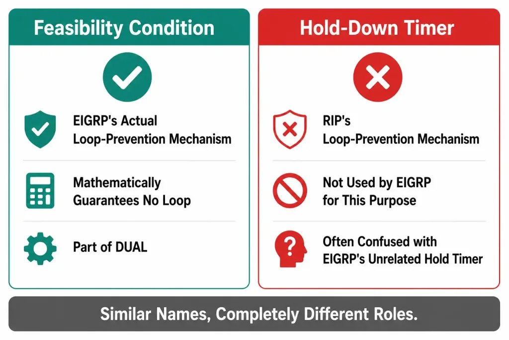 What Is Dual? Eigrp'S Diffusing Update Algorithm 2 Comparison Showing That Eigrp'S Feasibility Condition Is Its Actual Loop-Prevention Mechanism, While The Rip-Style Hold-Down Timer Is Not Used By Eigrp For That Purpose Despite The Similar-Sounding Hold Timer
