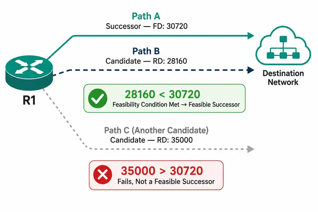 Eigrp Topology Table: Successors, Feasible Successors, And How It'S Built 3 Diagram Showing The Eigrp Feasibility Condition Test, Where A Candidate Route With Reported Distance Lower Than The Successor'S Feasible Distance Qualifies As A Feasible Successor, While One With A Higher Reported Distance Does Not