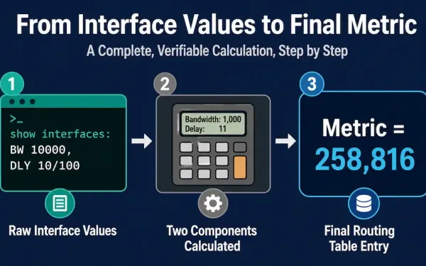 Three-Stage Diagram Showing Raw Interface Bandwidth And Delay Values Being Calculated Into Two Metric Components And Combined Into A Final Eigrp Metric Of 258,816