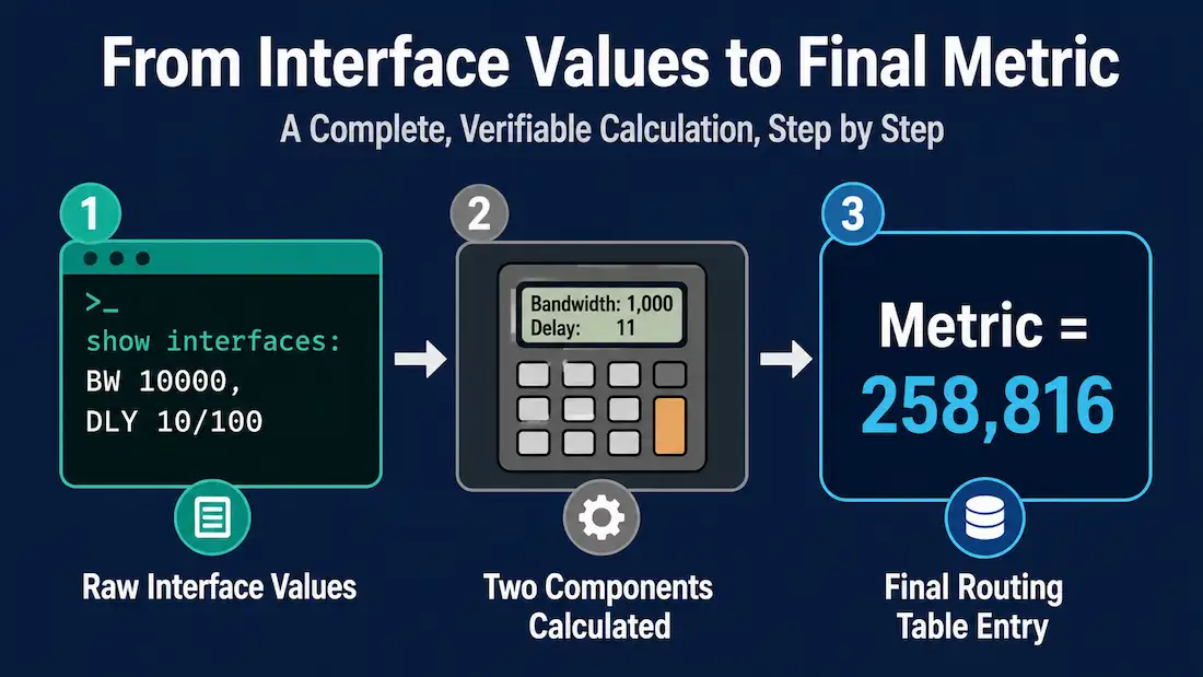 How To Calculate Eigrp Metric: A Worked Example 1 Three-Stage Diagram Showing Raw Interface Bandwidth And Delay Values Being Calculated Into Two Metric Components And Combined Into A Final Eigrp Metric Of 258,816