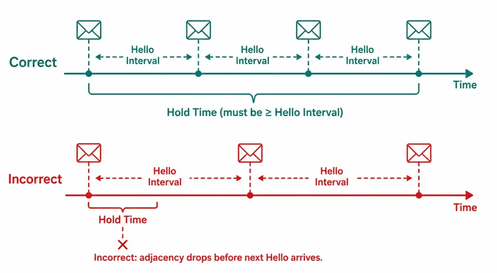 Eigrp Hello Protocol: Timers, Configuration, And Troubleshooting 3 Imeline Diagram Showing The Correct Relationship Between Hello Interval And Hold Time, And An Incorrect Example Where Hold Time Is Too Short