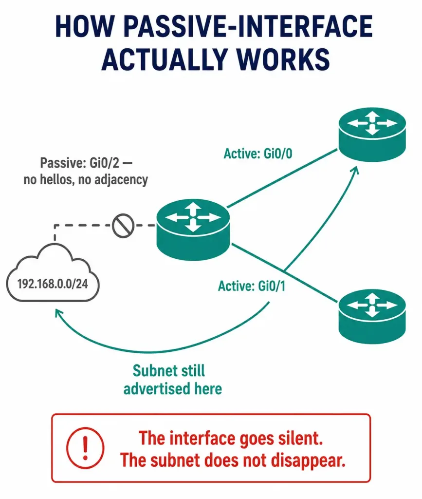 How To Configure Eigrp Passive-Interface 2 Diagram Showing A Passive Interface Blocking Hello Packets While Its Connected Subnet Is Still Advertised Out The Router'S Other Active Interfaces