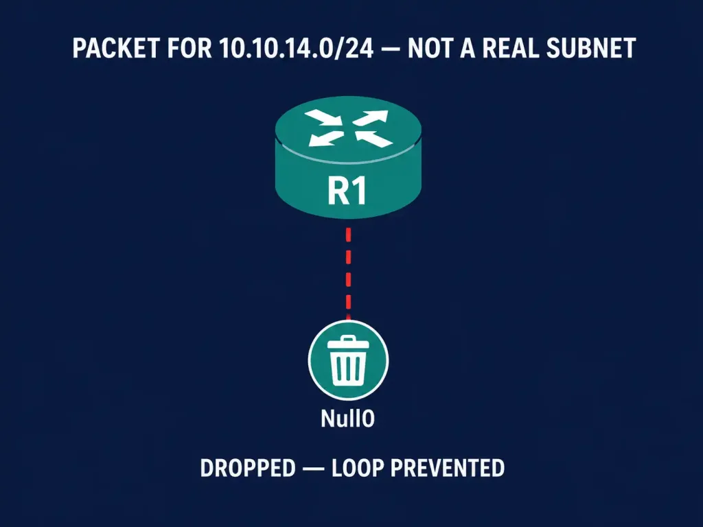 Eigrp Automatic Summarization: How It Works, How To Configure It, And Why It'S Disabled By Default 3 Diagram Of The Null0 Route Silently Dropping A Packet To Prevent A Routing Loop