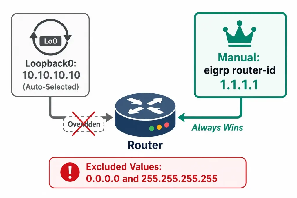 Eigrp Router Id: Selection Rules And Configuration 2 Diagram Showing A Manually Configured Eigrp Router Id Overriding An Automatically Selected Loopback Interface Address, With A Note On The Two Excluded Router Id Values