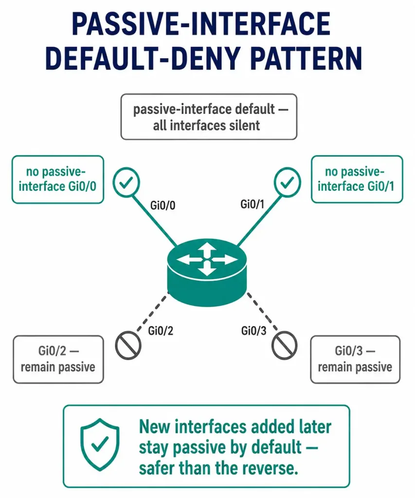 How To Configure Eigrp Passive-Interface 3 Diagram Of A Router With All Interfaces Passive By Default, With Two Interfaces Selectively Re-Enabled Using No Passive-Interface