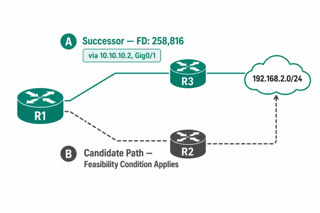 Successor, Feasible Successor, And Feasible Distance 2 Diagram Showing R1'S Successor Route To 192.168.2.0/24 Through R3 With A Feasible Distance Of 258,816 Via Ip 10.10.10.2, Alongside A Candidate Backup Path Through R2