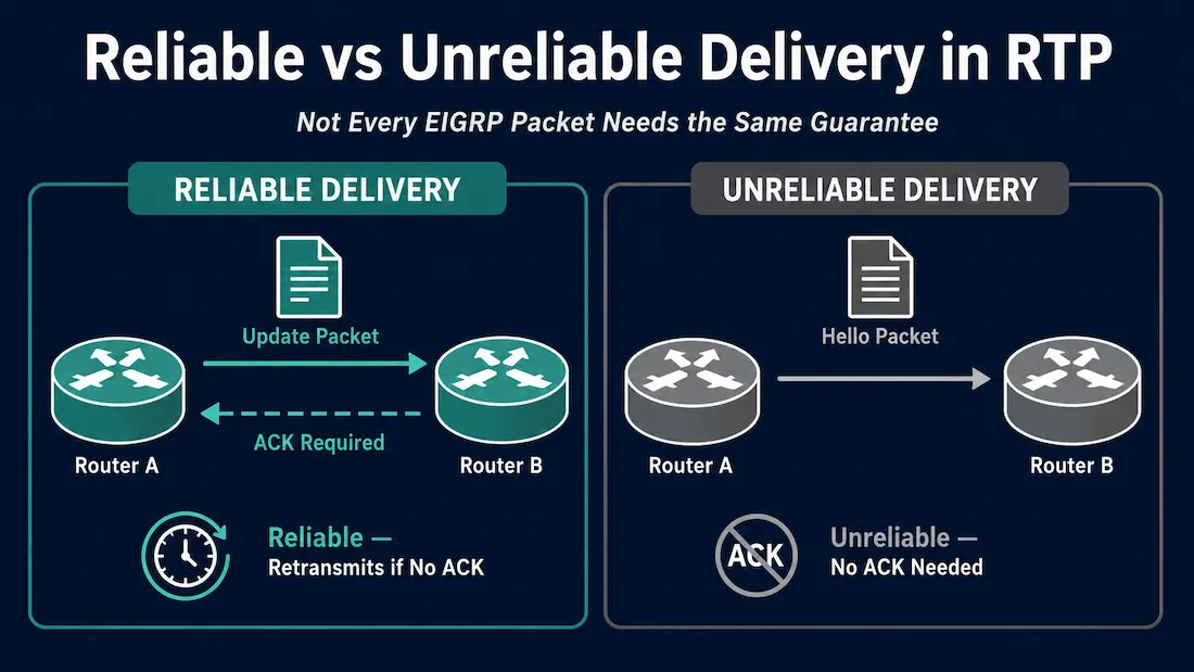 What Is Eigrp'S Reliable Transport Protocol (Rtp)? 1 Split Diagram Showing Rtp'S Reliable Delivery Mode Requiring An Acknowledgment And Retransmission For Update Packets, Versus Unreliable Delivery Requiring No Acknowledgment For Hello Packets