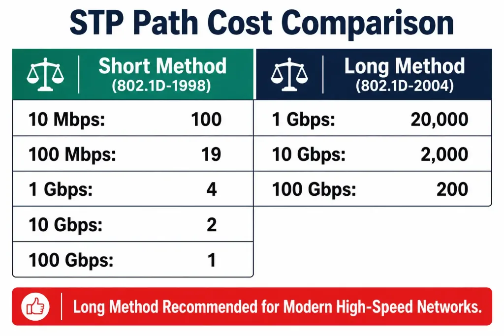 Bandwidth Metric: How Routing Protocols And Qos Use It 3 Comparison Table Of Ieee 802.1D Short Method And Long Method Stp Path Cost Values Across Link Speeds From 10 Mbps To 100 Gbps