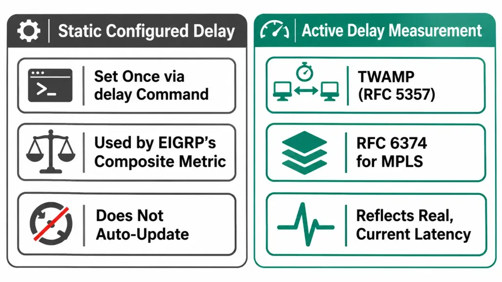 Delay Metric: How Routing Protocols Actually Use It 3 Comparison Of Static Configured Delay Used By Eigrp'S Metric Against Active Delay Measurement Via Twamp And Rfc 6374, Which Reflect Real Current Network Latency