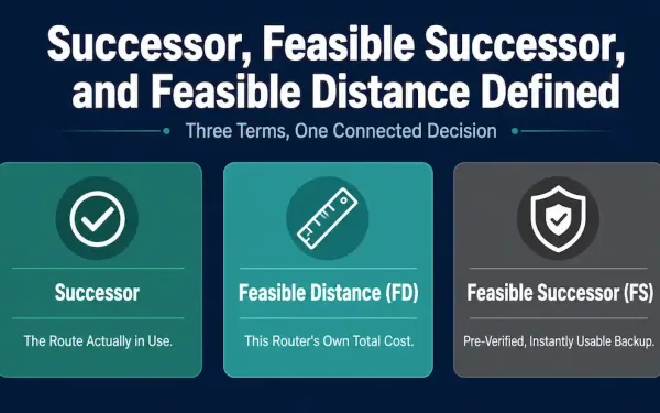 Three Labeled Cards Defining Successor As The Route In Use, Feasible Distance As The Local Router'S Total Cost, And Feasible Successor As A Pre-Verified Instant Backup
