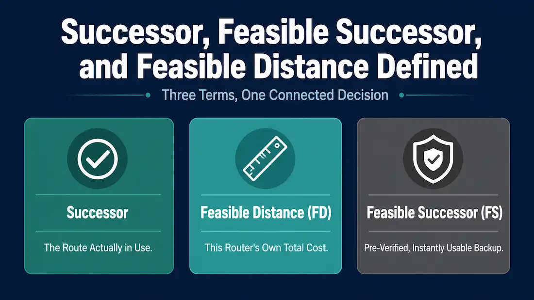 Successor, Feasible Successor, And Feasible Distance 1 Three Labeled Cards Defining Successor As The Route In Use, Feasible Distance As The Local Router'S Total Cost, And Feasible Successor As A Pre-Verified Instant Backup