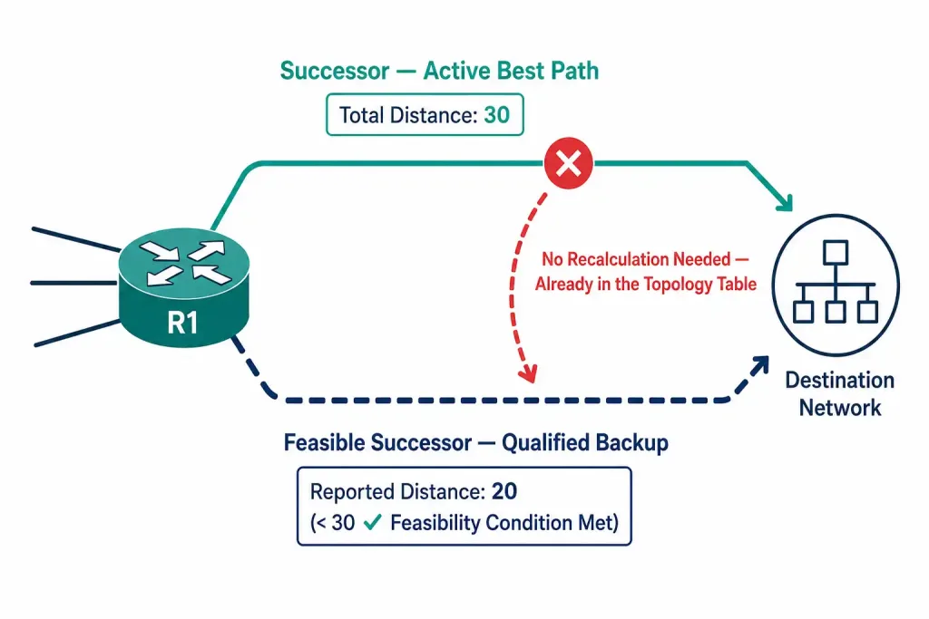 Introduction To Eigrp 2 Diagram Showing An Eigrp Successor Route Failing And Instantly Failing Over To A Pre-Qualified Feasible Successor Already Stored In The Topology Table, Since Its Reported Distance Is Lower Than The Successor'S Total Distance