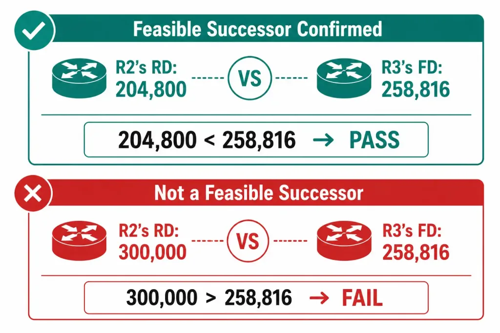 Successor, Feasible Successor, And Feasible Distance 3 Two Scenarios Testing The Eigrp Feasibility Condition, One Where A Reported Distance Of 204,800 Passes Against A Feasible Distance Of 258,816, And One Where 300,000 Fails The Same Test