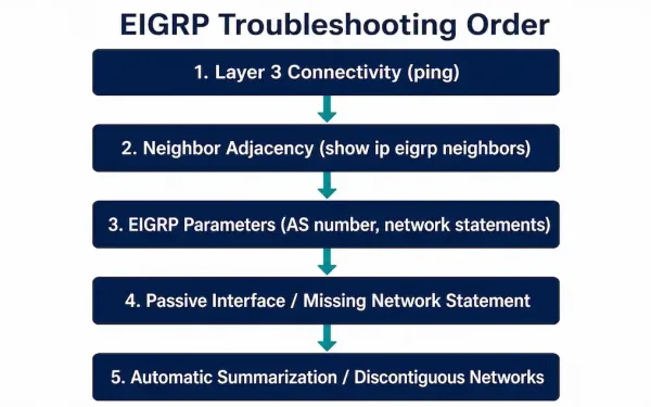 Five-Step Flowchart Showing The Eigrp Troubleshooting Order From Layer 3 Connectivity Through Automatic Summarization