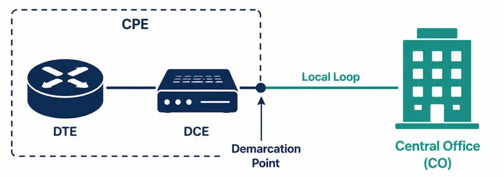 Introduction To Wan Technologies 4 Diagram Labeling Dte, Dce, Cpe, The Demarcation Point, Local Loop, And Central Office In A Wan Connection