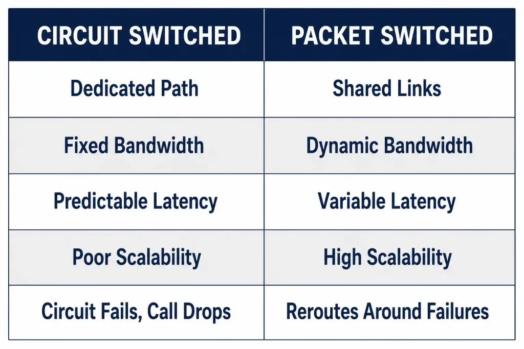 Circuit Switched Vs Packet Switched: Wan Technologies Explained 4 Table Comparing Circuit Switching And Packet Switching Across Seven Features
