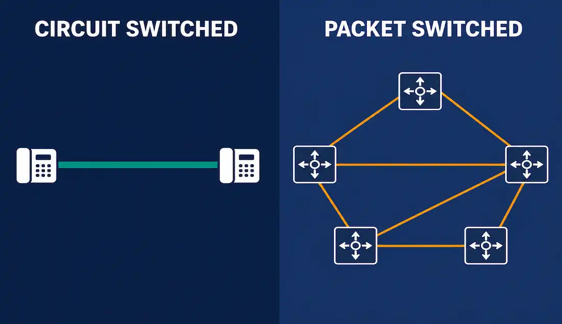 Circuit Switched Vs Packet Switched: Wan Technologies Explained 1 Split-Screen Illustration Comparing Circuit Switched And Packet Switched Networks