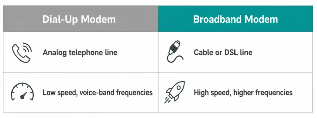 Wan Devices: Roles, Verification, And Selection 2 Comparison Chart Contrasting Dial-Up Modems On Analog Phone Lines Against Broadband Modems On Cable Or Dsl
