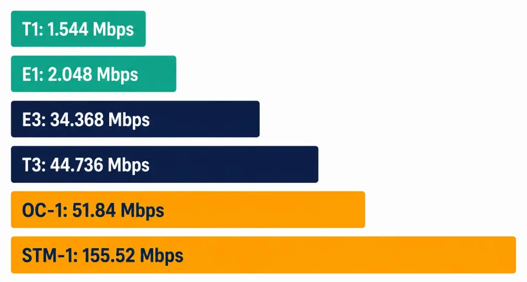 Leased Lines: What They Are And How They Work 3 Bar Chart Comparing T1, E1, E3, T3, Oc-1, And Stm-1 Data Rates