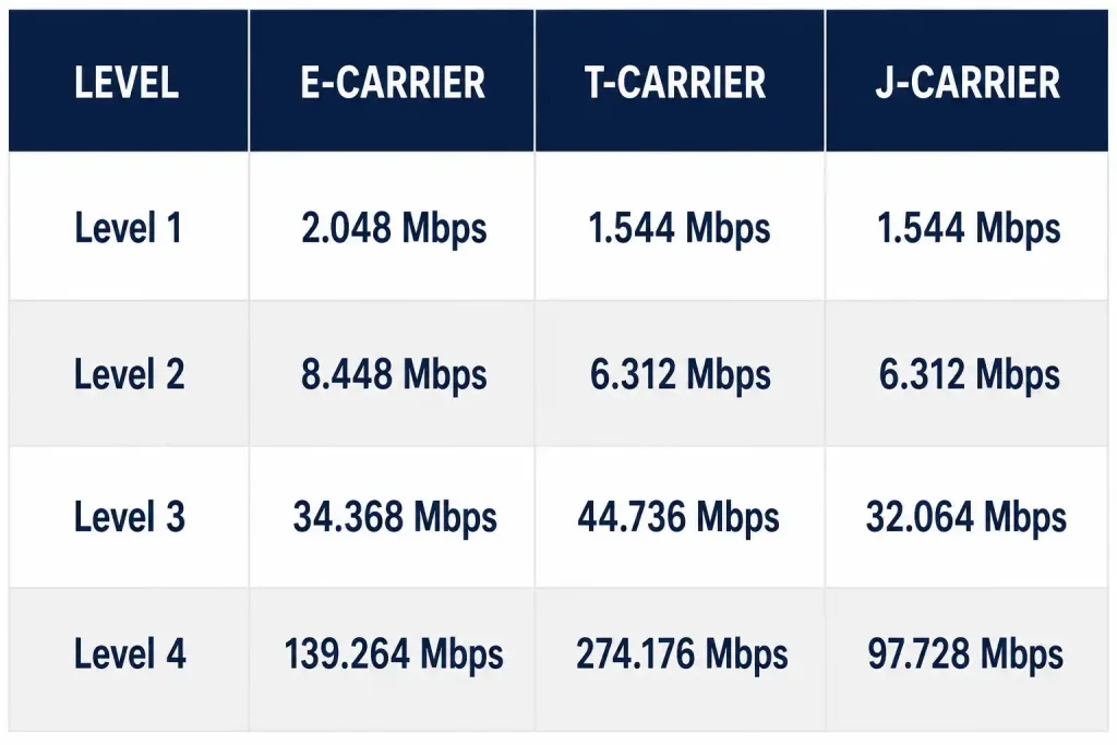 What Is Pdh? Plesiochronous Digital Hierarchy Explained 4 Table Comparing E-Carrier, T-Carrier, And J-Carrier Data Rates By Level