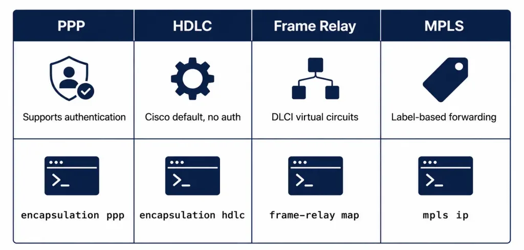 Introduction To Wan Technologies 5 Four-Column Comparison Chart Of Ppp, Hdlc, Frame Relay, And Mpls With Key Traits And Example Commands