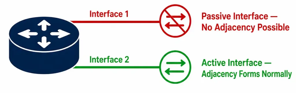 Basic Eigrp Troubleshooting Commands 4 Diagram Contrasting A Passive Interface That Blocks Eigrp Adjacency Formation Against A Normal Active Interface