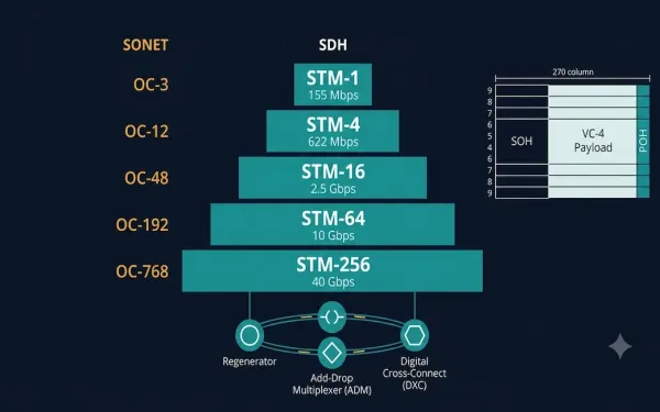 Sdh Hierarchy Diagram Showing Five Stm Levels From Stm-1 At 155 Mbps To Stm-256 At 40 Gbps With Sonet Equivalents, Alongside An Sdh Frame Structure Diagram Showing Section Overhead And Vc-4 Payload Sections, And A Ring Topology With Regenerator, Adm, And Dxc Network Elements