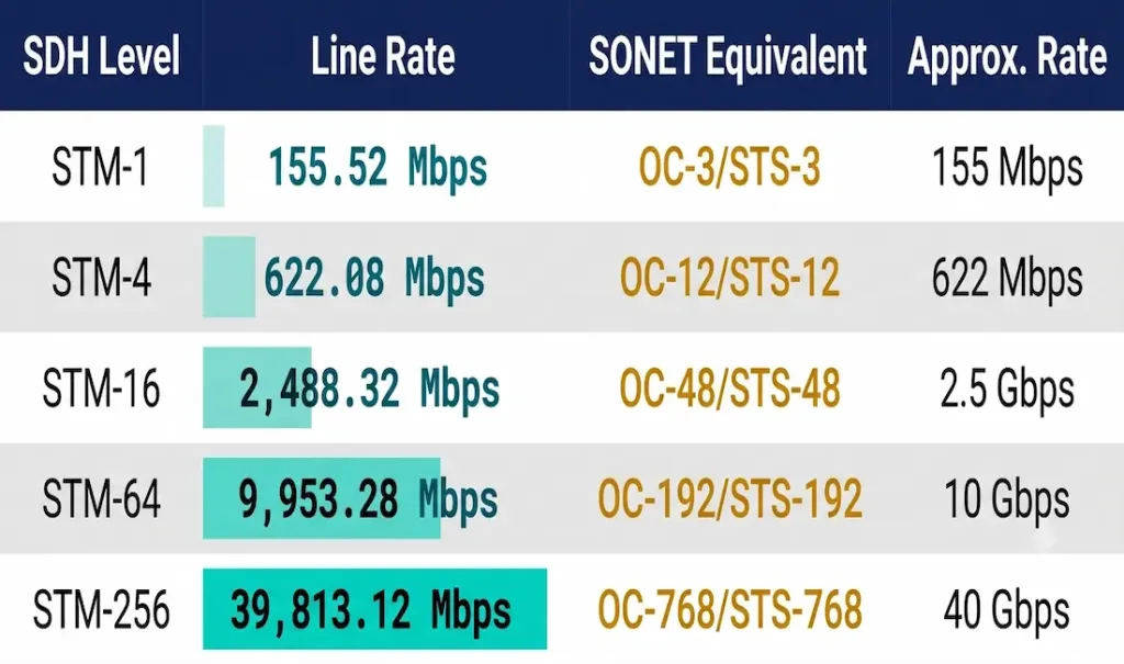 What Is Sdh? Synchronous Digital Hierarchy Explained 2 Side-By-Side Comparison Of Sdh And Pdh Across Six Characteristics: Synchronization, Add-Drop Flexibility, Management Overhead, Vendor Support, Fault Recovery Speed, And Frame Structure, Showing Sdh Advantages In Each Category