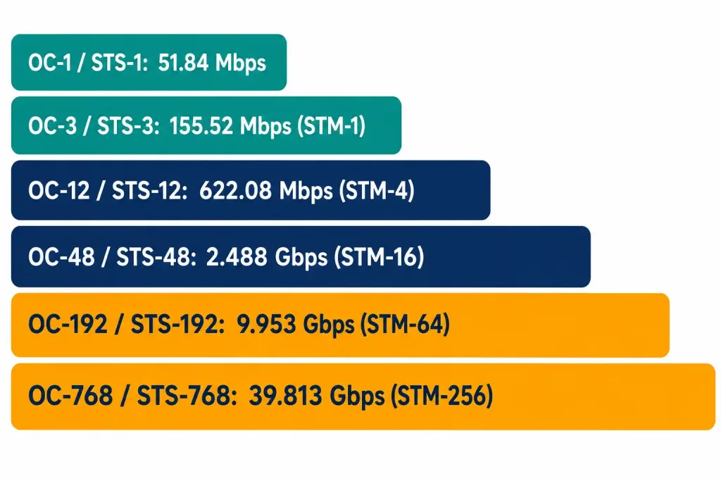 What Is Sonet? Synchronous Optical Networking Explained 3 Table Of Sonet Oc And Sts Data Rates From Oc-1 To Oc-768