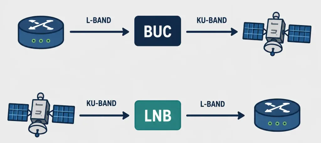 What Is Vsat? Very Small Aperture Terminal Explained 5 Diagram Of Vsat Frequency Conversion From L-Band To Ku-Band And Back