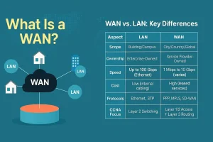 Infographic explaining What is a WAN? with icons of connected homes and buildings via cloud, plus a table comparing WAN vs. LAN differences in scope, ownership, speed, cost, protocols, and CCNA focus.