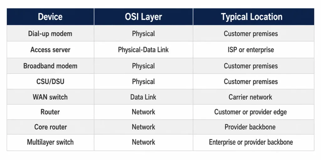 Wan Devices: Roles, Verification, And Selection 4 Table Comparing Eight Wan Devices By Osi Layer And Typical Deployment Location