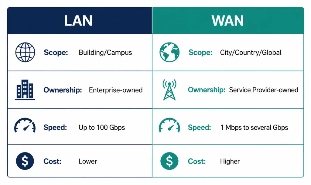 Introduction To Wan Technologies 2 Comparison Chart Showing Lan And Wan Differences In Scope, Ownership, Speed, And Cost
