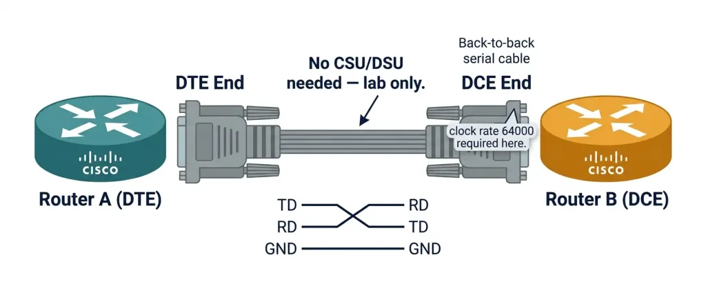 Serial Port: How Serial Interfaces Work In Networking 6 Back-To-Back Serial Cable Diagram Showing Router A As Dte On The Left Connected To Router B As Dce On The Right, With Clock Rate 64000 Annotation On The Dce End And Signal Crossing Diagram Showing Td-To-Rd Crossover