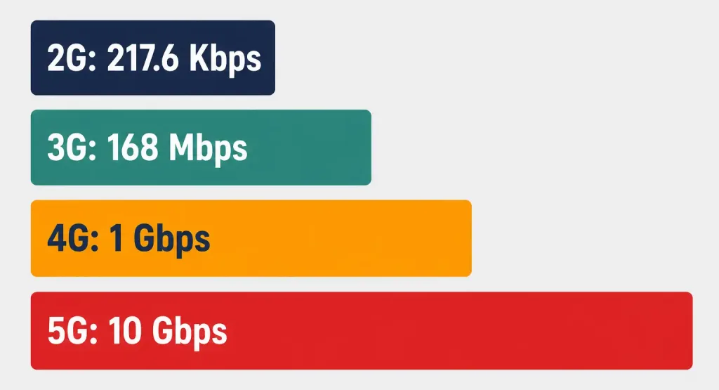 Cellular Network: How Cellular Wan Technology Works 4 Bar Chart Comparing Peak Theoretical Download Speeds Across 2G, 3G, 4G, And 5G