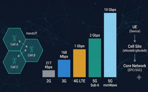 Cellular Network Infographic Showing Five Ascending Generation Bars From 2G At 217 Kbps To 5G Mmwave At 10 Gbps, A Hexagonal Cell Architecture Diagram With Handoff Arrows, And A Three-Layer Component Stack From Ue Through Cell Site To Core Network