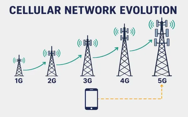 Cellular Network Towers Connecting Devices Through Generations 2G To 5G