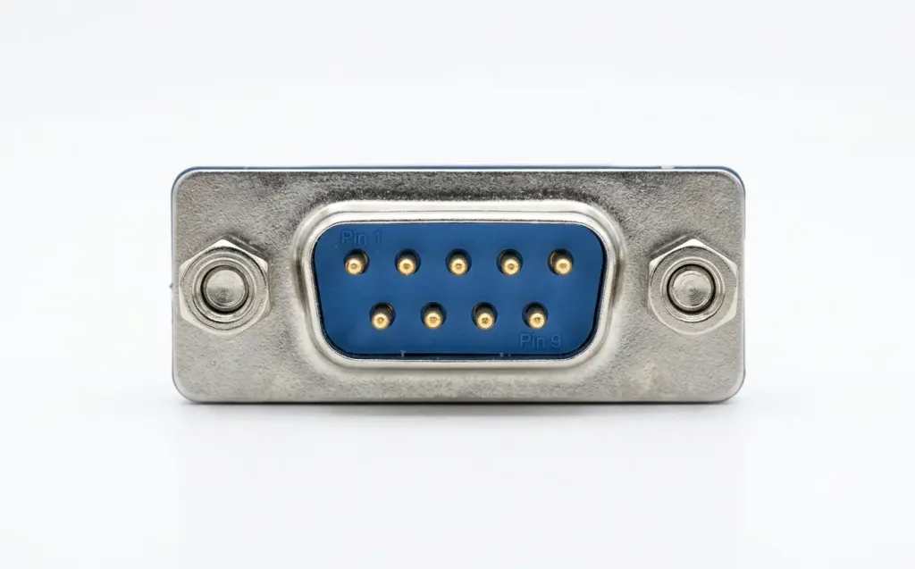 Serial Port: How Serial Interfaces Work In Networking 2 Male Db-9 Serial Connector Front View Showing 9 Pins In Two Rows With Pin 1 At Top Left And Pin 9 At Bottom Right, With Silver D-Shaped Housing And Blue Insulator